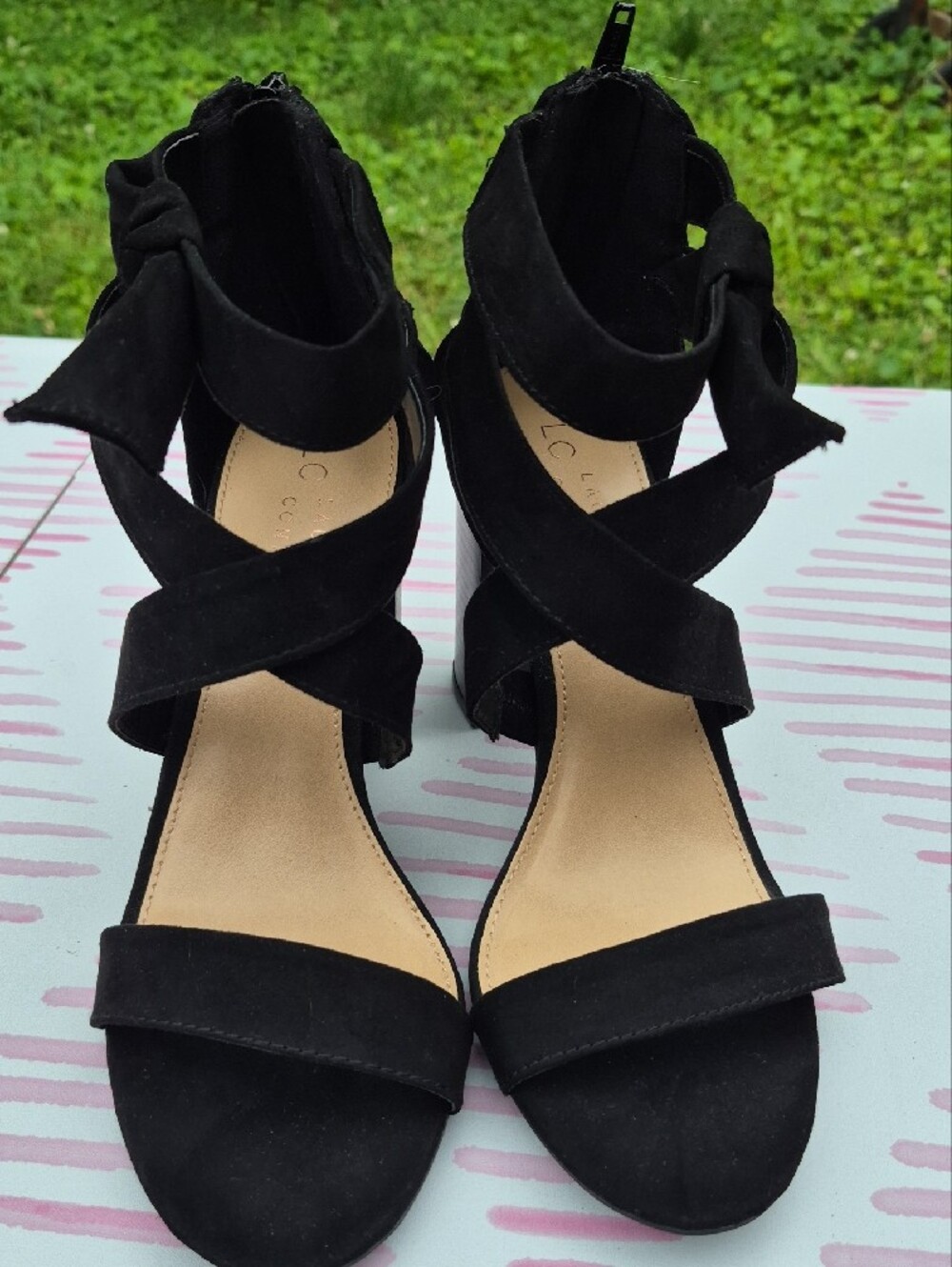 Faux suede strappy sandals, LC Lauren Conrad, black block heel with ankle bow de